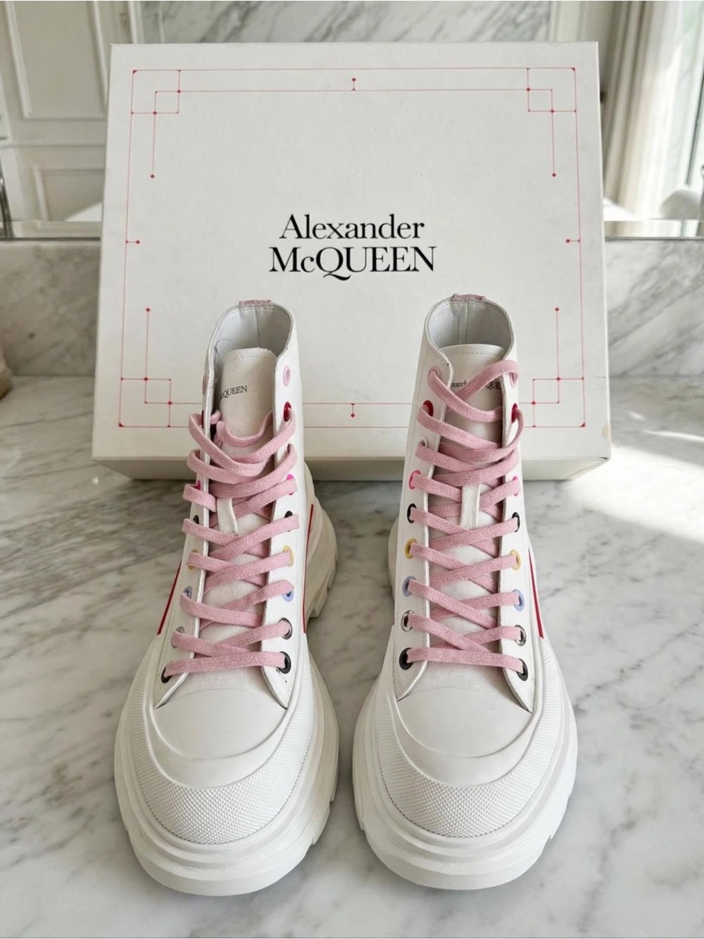 Alexander McQueen White High-Top Lace-Up Boots with Pink Laces